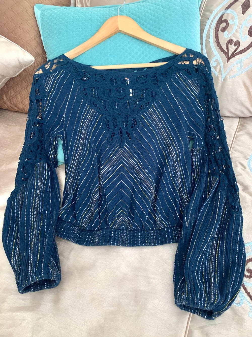 Free People Navy Blue Crochet Lace Long Sleeve Top
